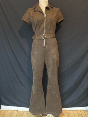 Guess Brown Suede Short-Sleeve Belted Jumpsuit